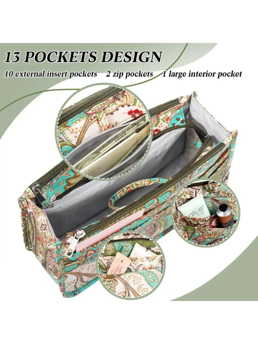 2 Pcs Peacock Flower Handbag Organizers - 13 Pocket Tote Insert for Women